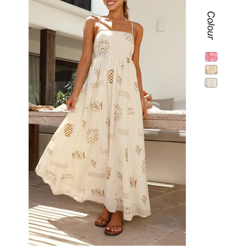 Women's maxi dress with smocked top and playful graphic design Lune London