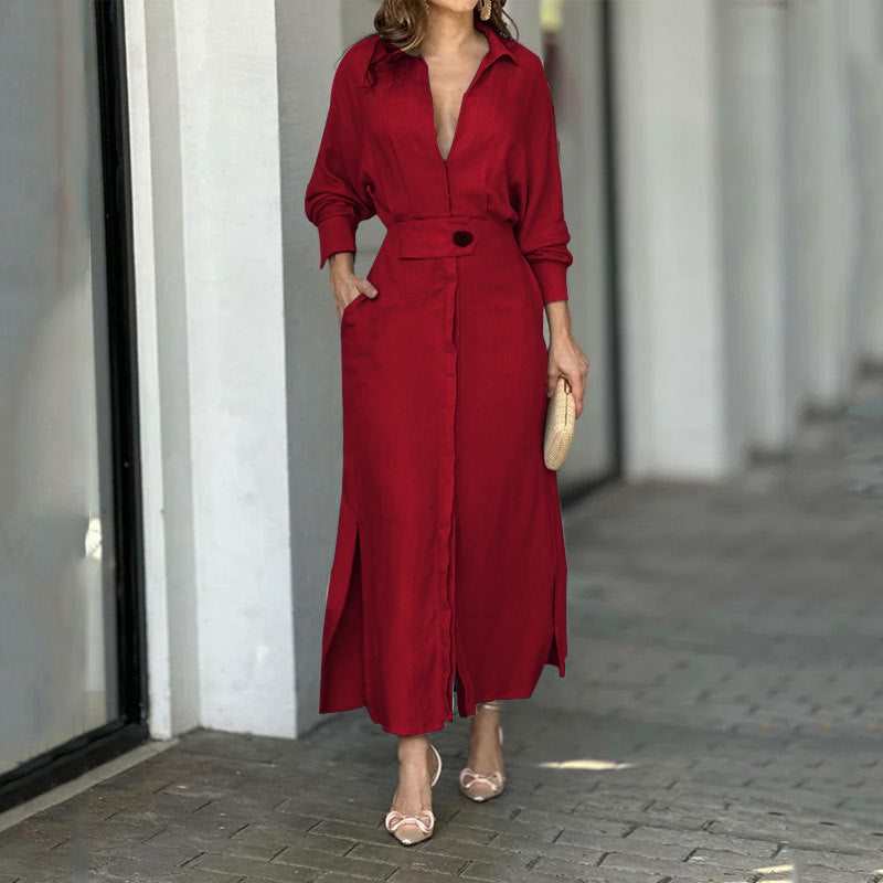 Light linen maxi dress for women with elegant button placket and practical side slits Lune London