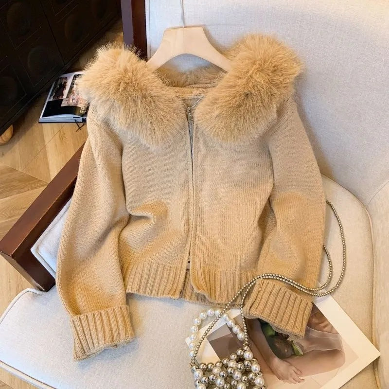 Womens knit jacket with removable faux fur hood and fitted cut Lune London