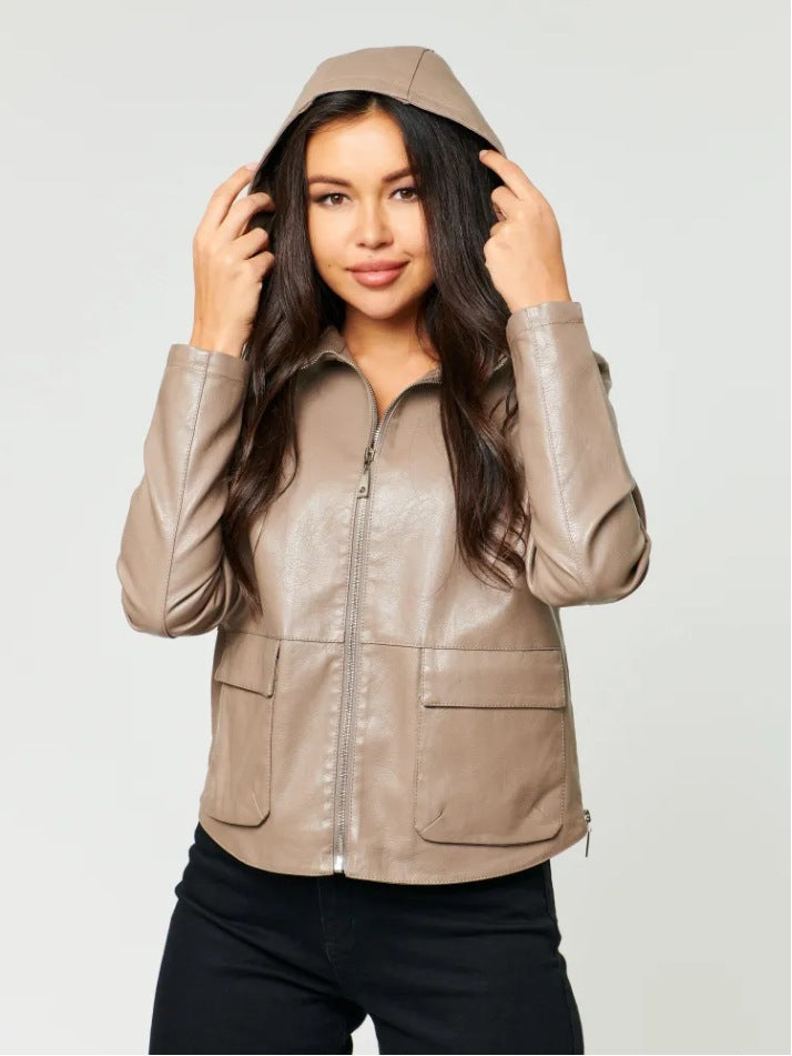 Faux leather jacket for women with integrated hood and practical pockets Lune London