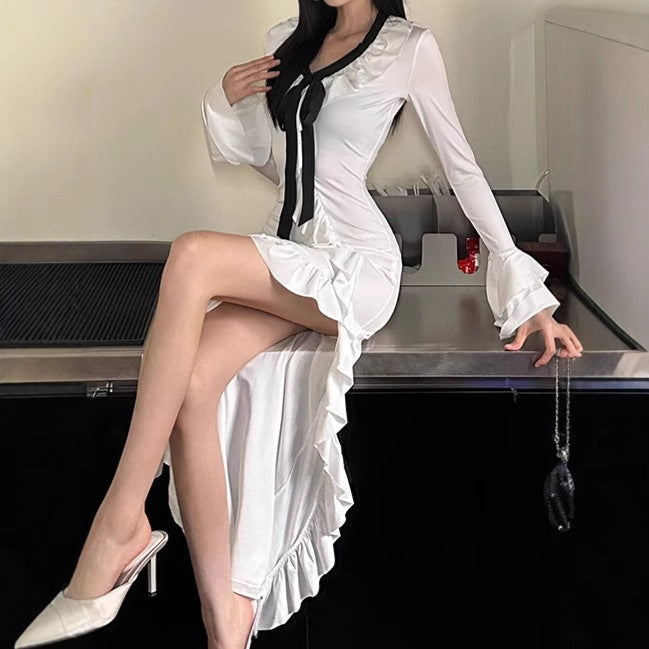 Ladies Elegant Maxi Dress with Ruffle Details and Chic Elegant Tie Ribbon