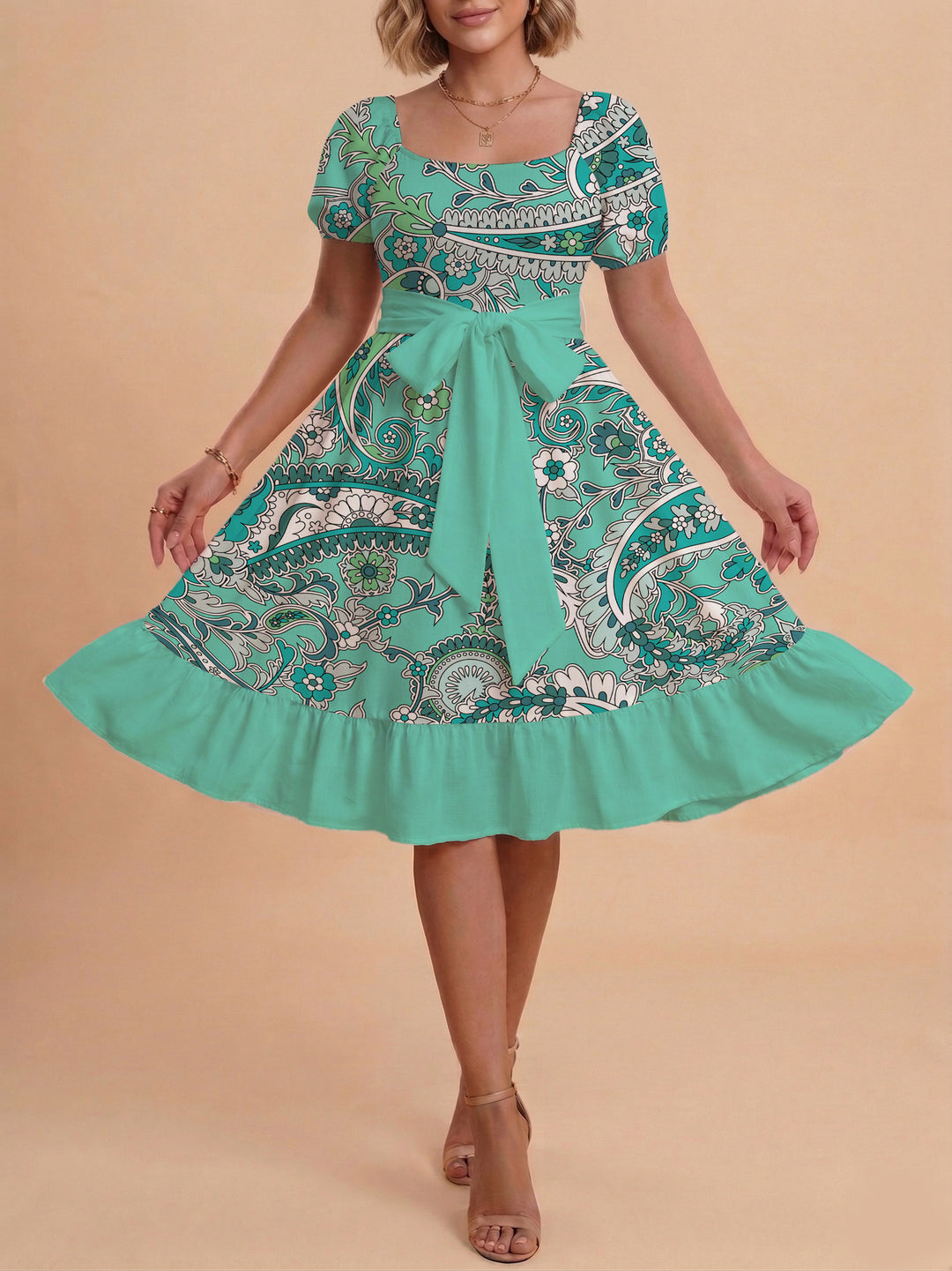 Women A-line dress with floral motifs and adjustable belt Lune London