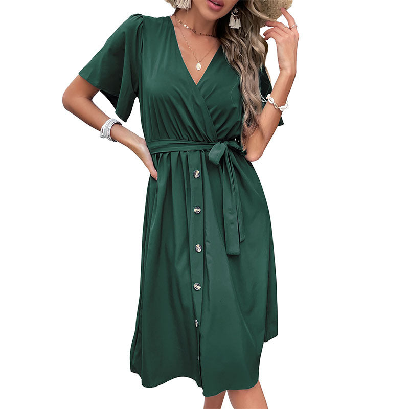 Lune London Women's Wrap Button Midi Dress with Belt Pouch