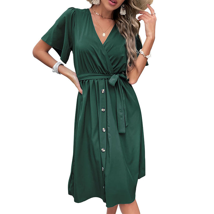 Lune London Women's Wrap Button Midi Dress with Belt Pouch