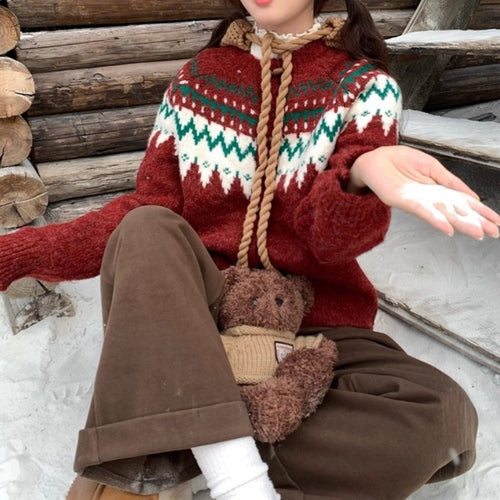 Pull en tricot confortable pour femmes avec motif norvégien traditionnel et capuche Chic & Stil