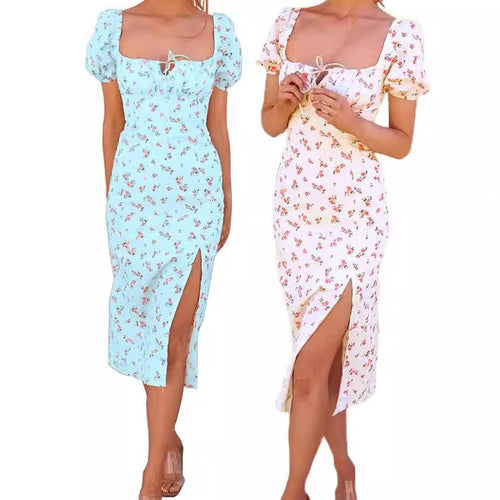 Midi floral dress for women with puff sleeves and side slit Lune London