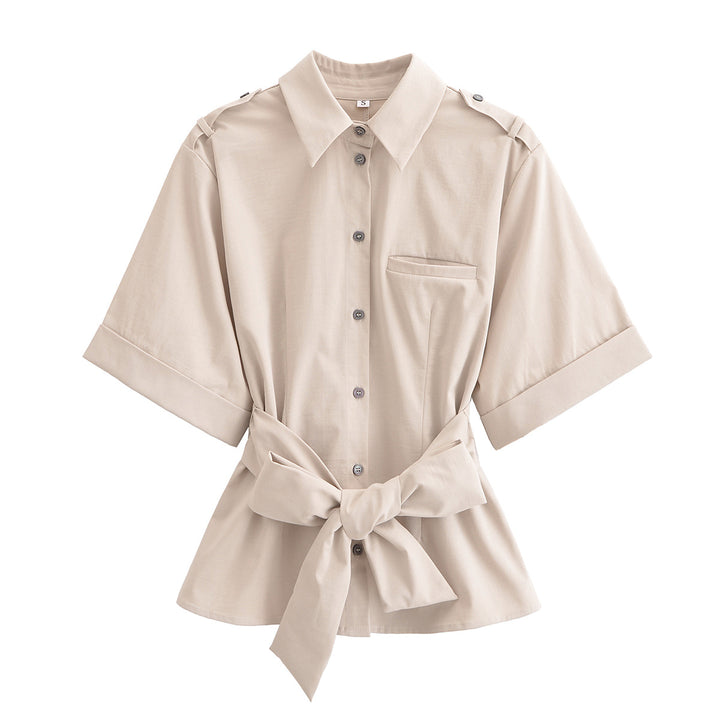Short sleeve blouse for women with adjustable belt and practical pocket design Lune London