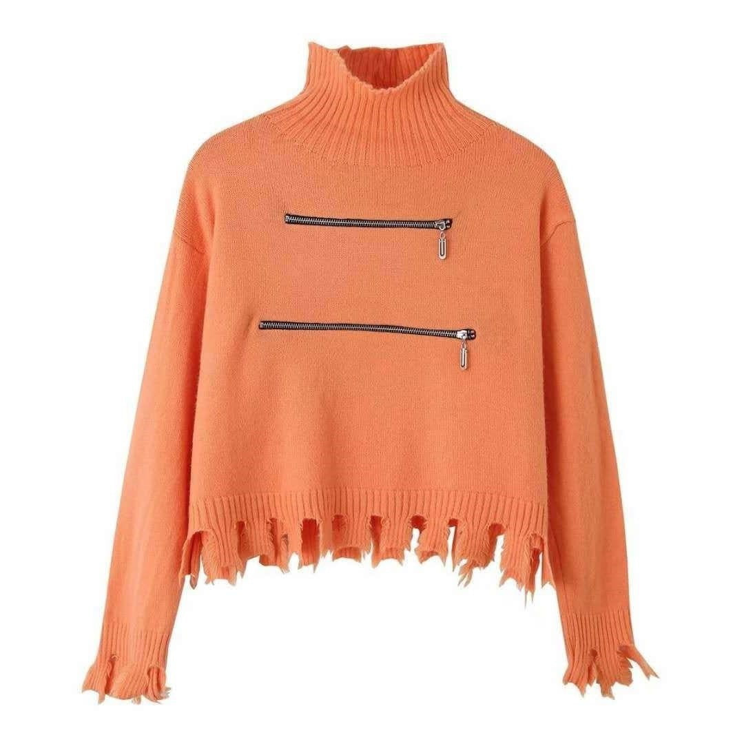 Women's Stylish Funnel Neck Sweater with Two Asymmetric Zip Pockets and Fringed Hem Lune London