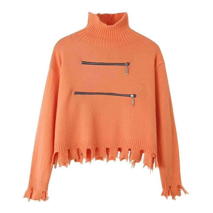 Women's Stylish Funnel Neck Sweater with Two Asymmetric Zip Pockets and Fringed Hem Lune London