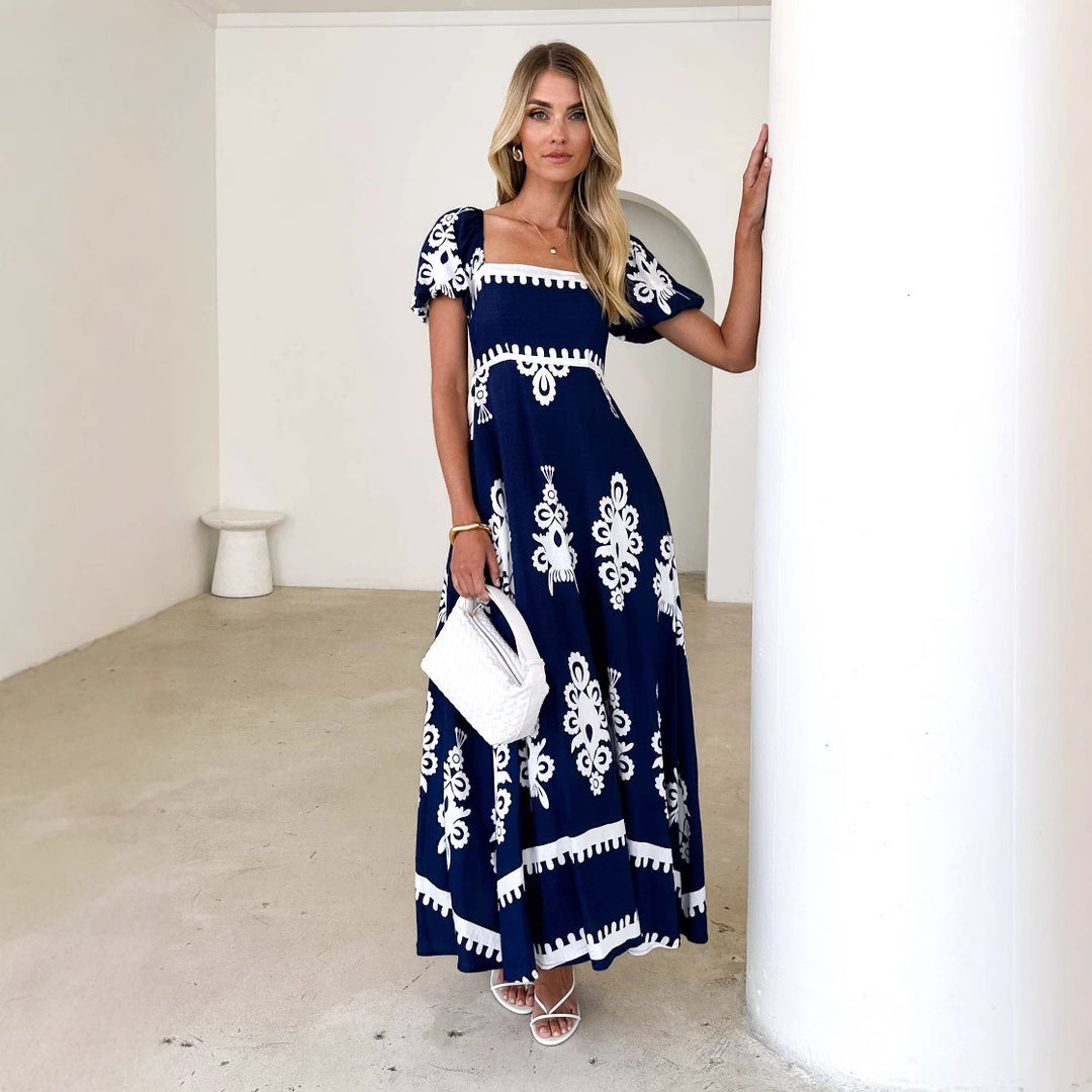 Maxi dress for women with decorative graphic pattern and puff sleeves Chic & Stil