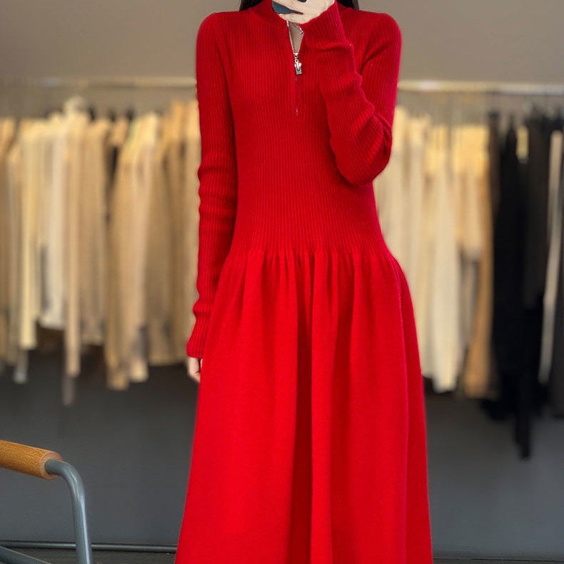 Casual knitted dress for women with high collar and zippered pockets Lune London