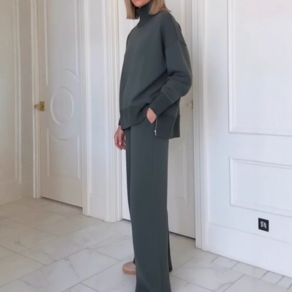 Ensemble de vêtements d'intérieur tricoté confortable pour femmes avec un sweat à col montant et un pantalon large Chic & Stil