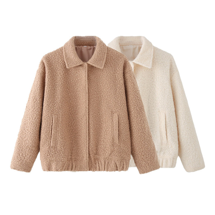 Ladies plush Teddy jacket with lockdown zipper and appliqué pockets Lune London