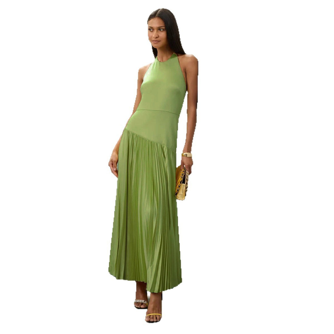 Ladies Elegant Maxi Dress with Flowing Pleated Skirt and Halter Neck Design
