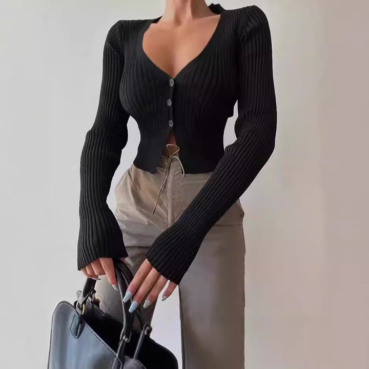 Knit cardigan for women with deep V-neck and button closure Lune London