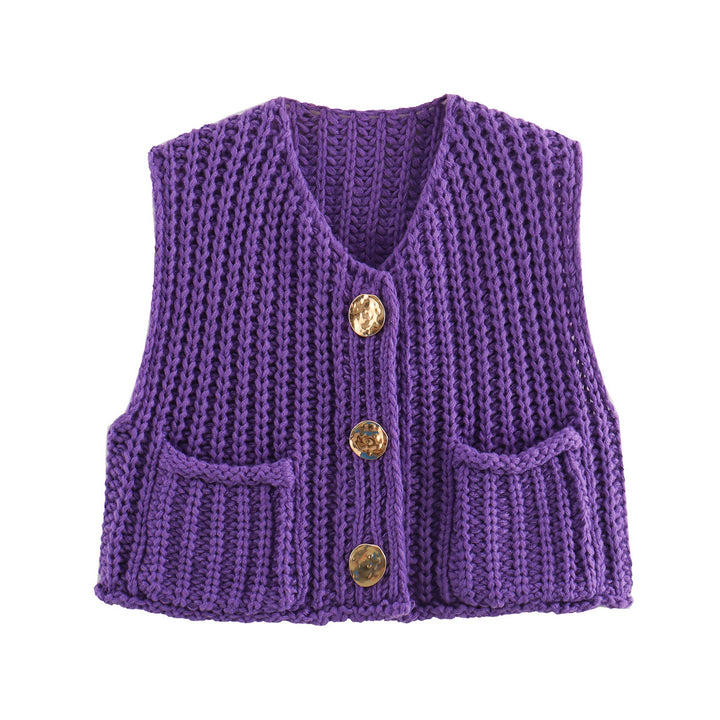 Knitted vest for women with decorative buttons and practical pockets Lune London