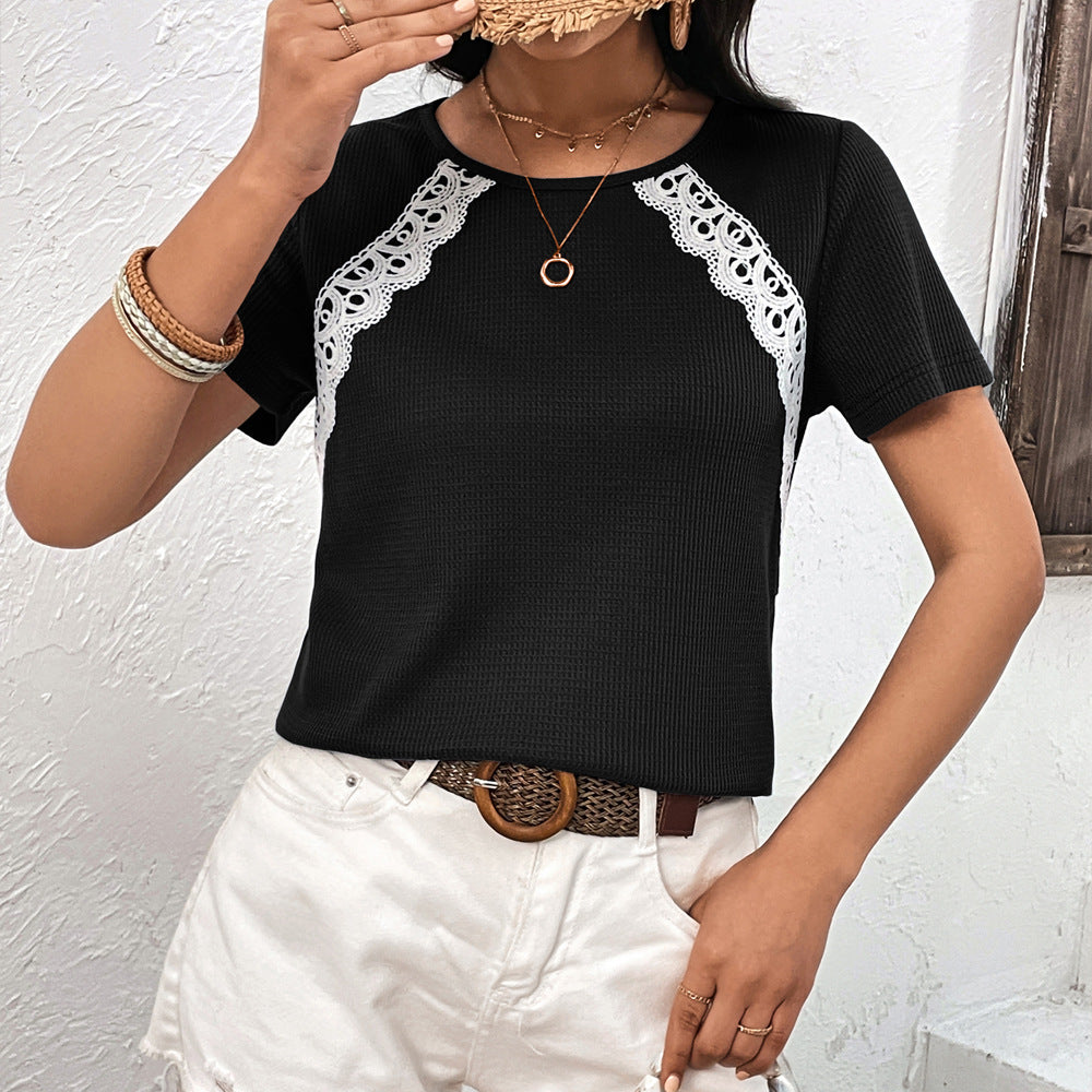 Fashionable women's top with lace insert and textured waffle Lune London