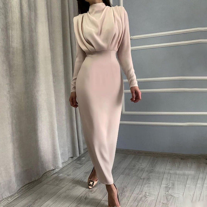 Women's Floor Contact Dress with Elegant Stand Collar and Gatherings Lune London