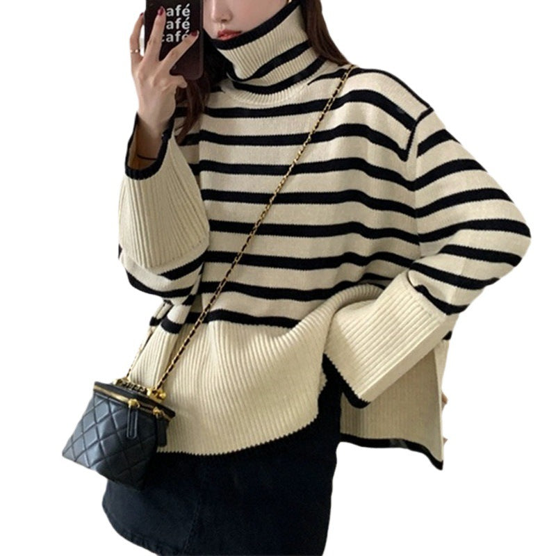 Casual high-neck sweater for women with chic striped pattern and style