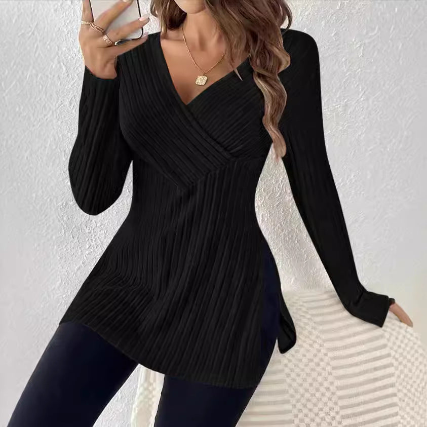 Women long sweater with modern wrap design and elegant ribbed structure Lune London