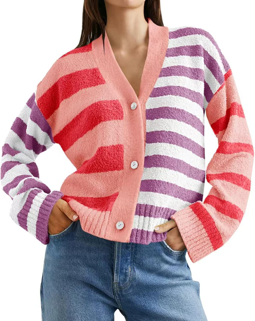Women Striped Patterned Vest with Colorful Stripe Pattern and Chic Button Details