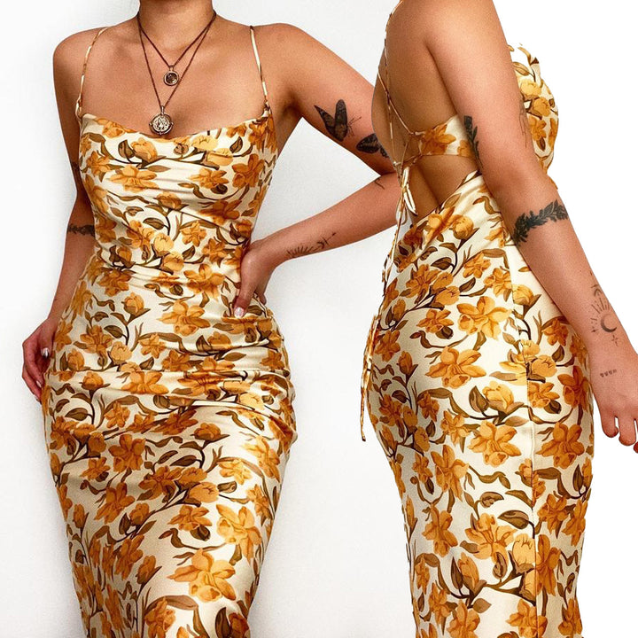 Women's Satin Maxi Dress with Floral Draping and Spaghetti Straps