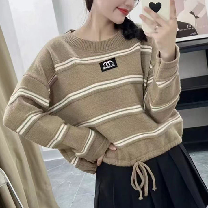 Women's striped sweater with stylish drawstring and casual oversized fit