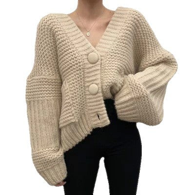 Knit jacket for women with deep V-neckline and large button details Lune London