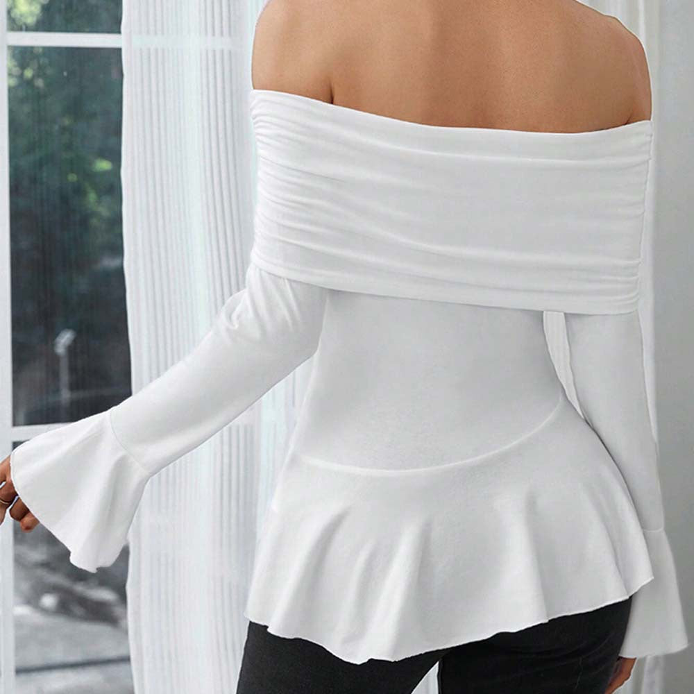 Haut Femmes Bretelles Dégagées avec Volants Stylés et Manches Longues Chic & Stil