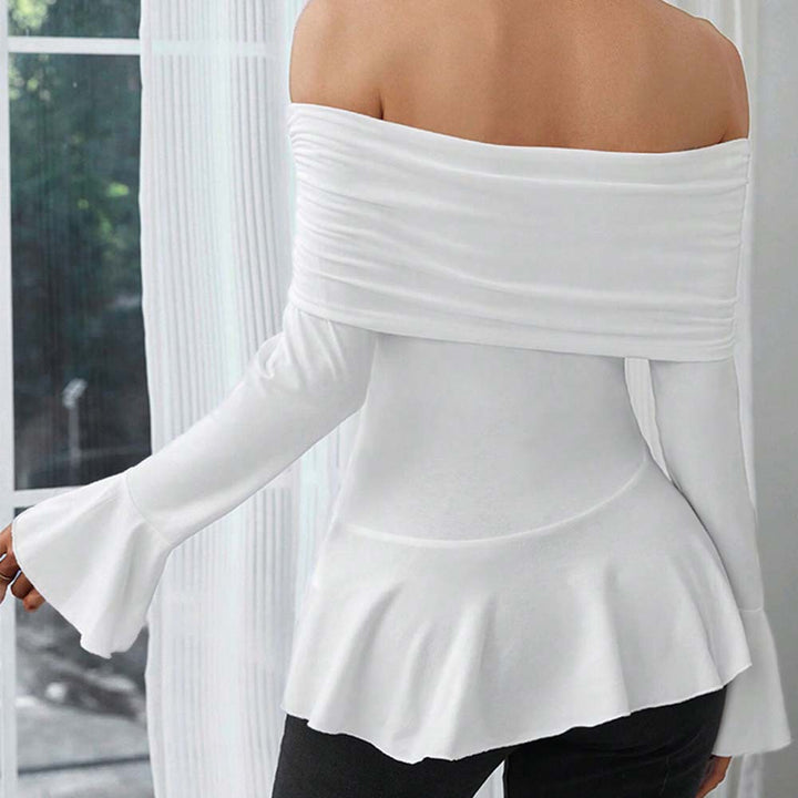Haut Femmes Bretelles Dégagées avec Volants Stylés et Manches Longues Chic & Stil