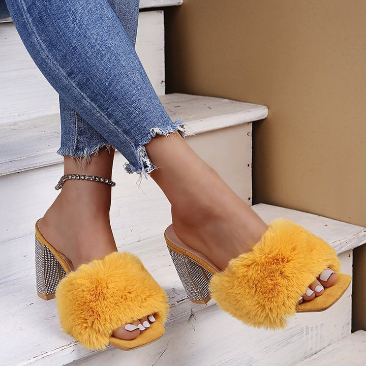 Glamorous mules for ladies with soft faux fur and sparkling heel Lune London