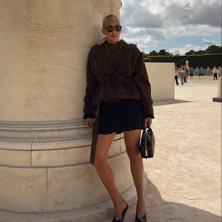 Trendy suede jacket for women with waist belt and voluminous sleeves Lune London