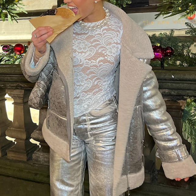 Fashionable women’s transitional jacket with luxurious faux fur trim and shiny surface Lune London
