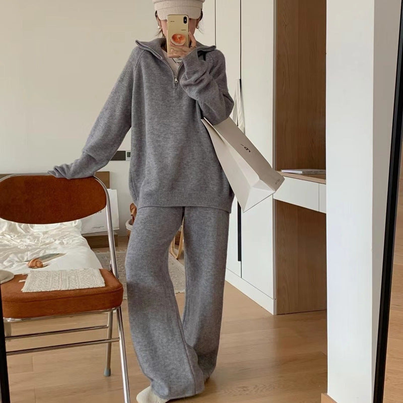 Comfortable knit set for women with half-zip and wide leg Lune London