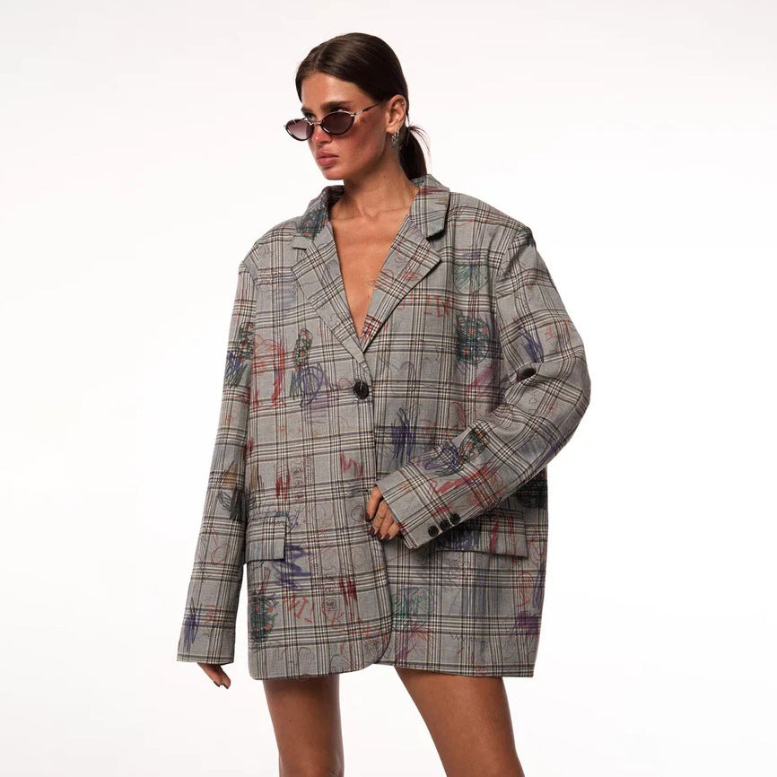 Ladies trendy plaid blazer with waist belt and relaxed fit Lune London