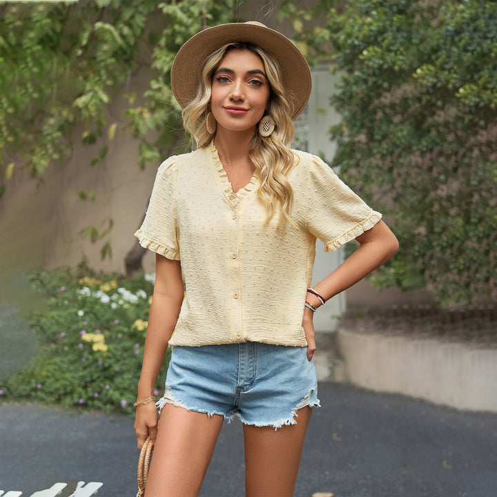 Women's blouse with ruffle details and lightweight textured fabric Lune London