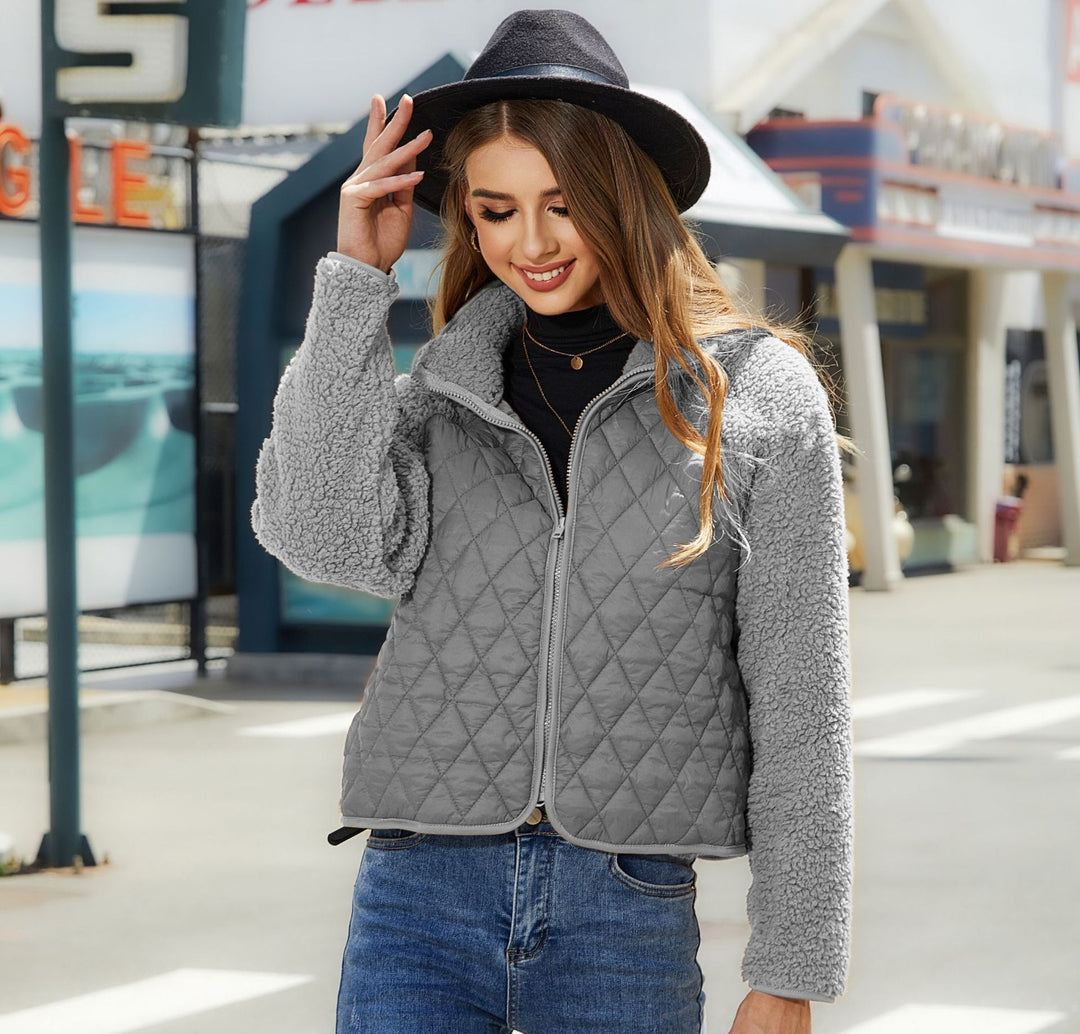 Women Quilted Cozy Jacket with Soft Collar and Contrasting Sleeves Lune London