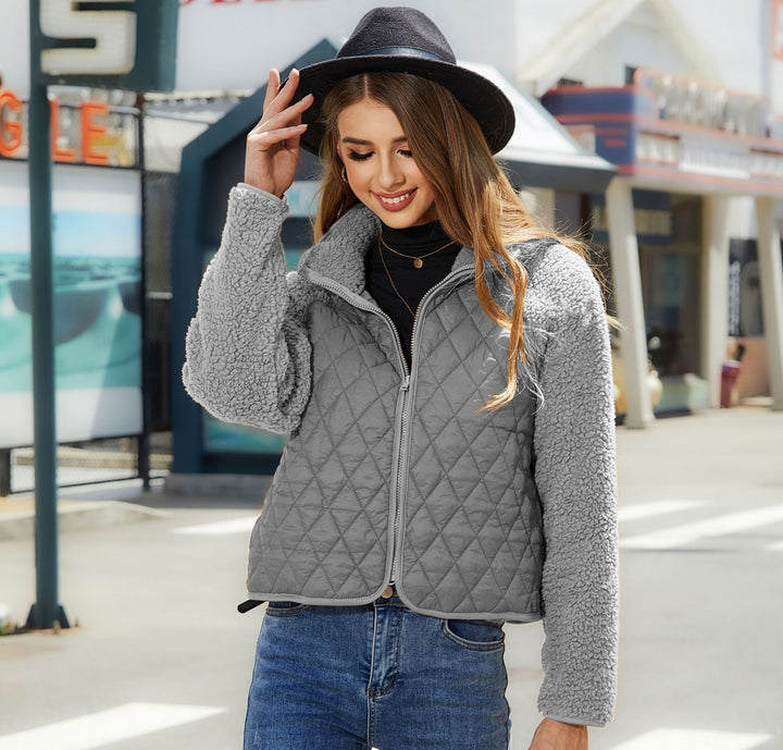 Women Quilted Cozy Jacket with Soft Collar and Contrasting Sleeves Lune London
