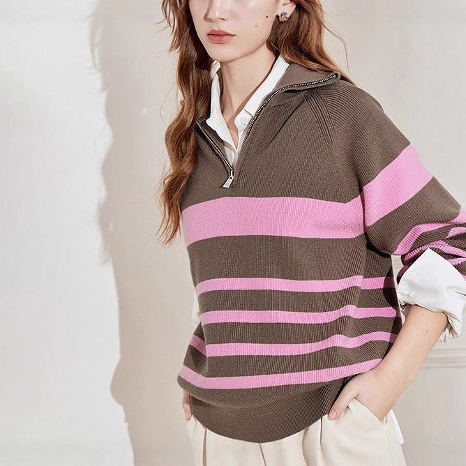 Pull en tricot confortable pour femmes avec fermeture à demi-zip à la mode Chic & Stil