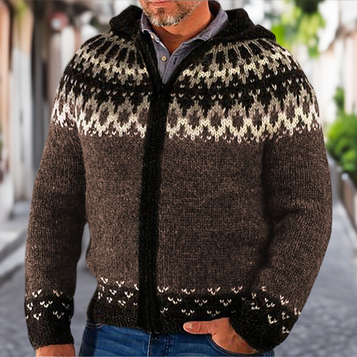 Men's knitted jacket with traditional Norwegian pattern and hood Lune London