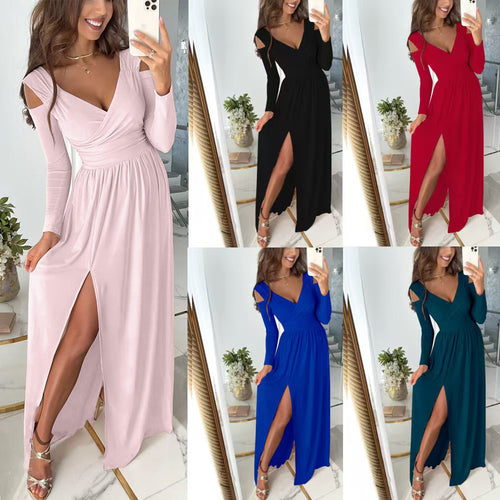 Maxi dress for women with an elegant draped design and side slit Lune London