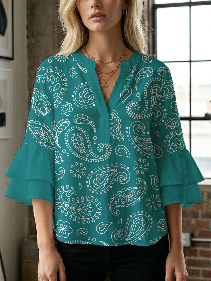 Women's blouse with voluminous wing sleeves and intense leaf pattern Lune London