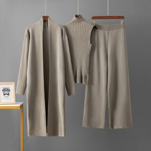 Women modern knitted outfit with long cardigan and quality top Lune London