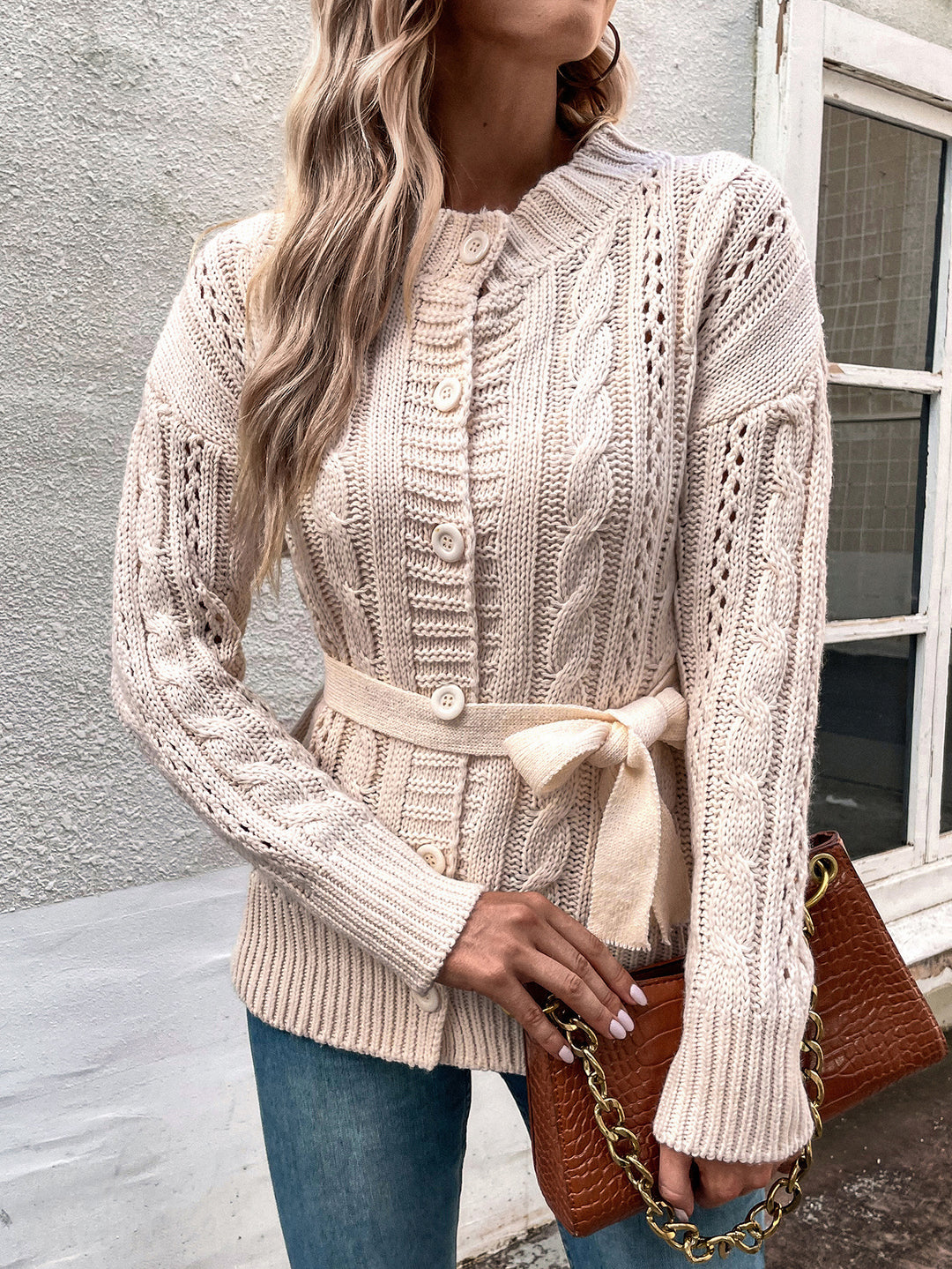 Ladies Chunky Knit Cardigan with Belt and Floral Braid Patterns Lune London