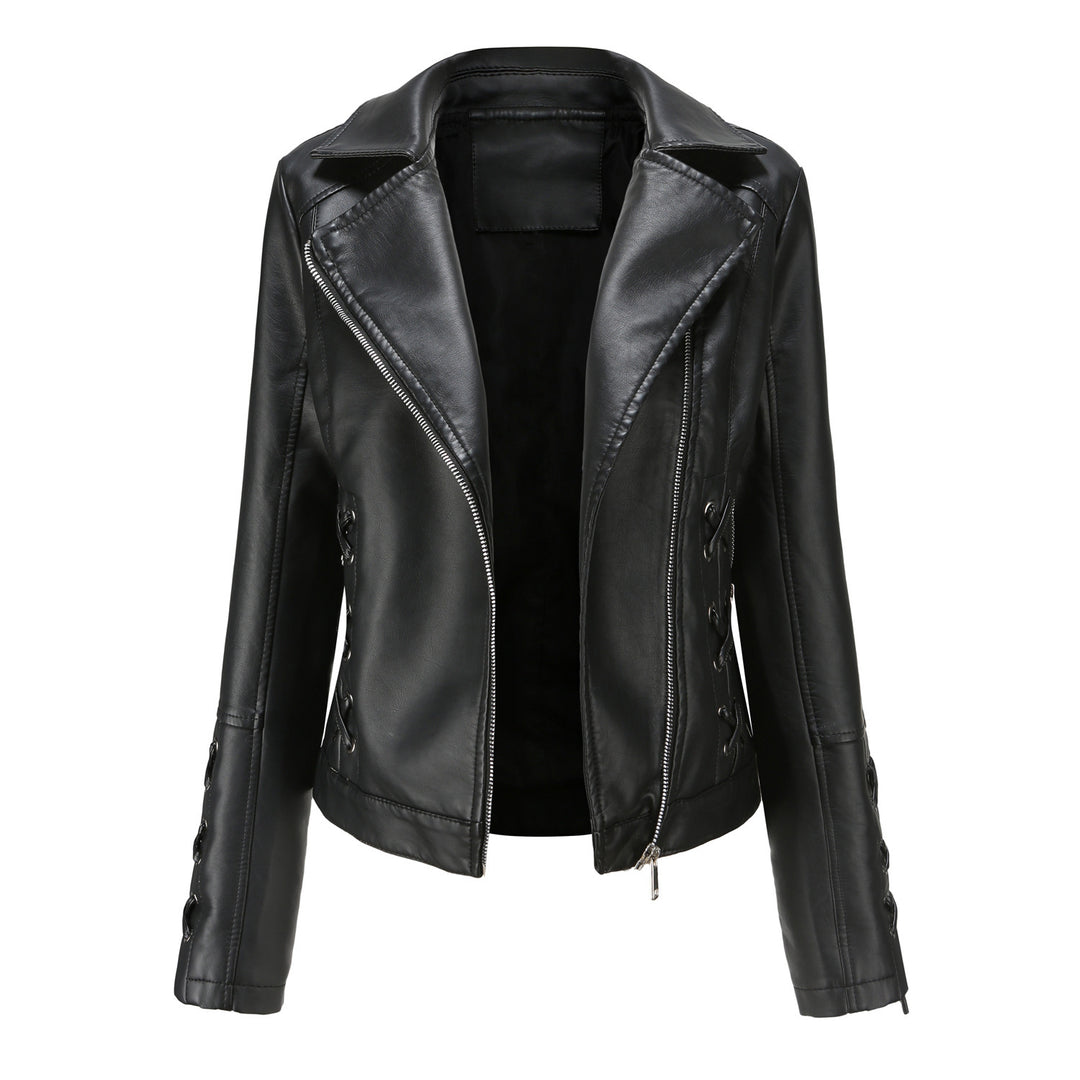 Ladies elegant biker jacket in faux leather with decorative lace details Lune London