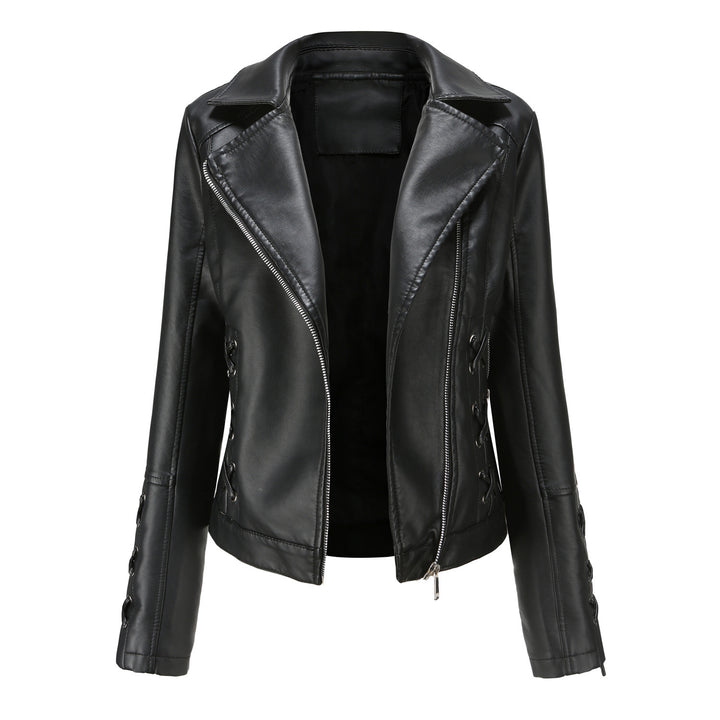 Ladies elegant biker jacket in faux leather with decorative lace details Lune London