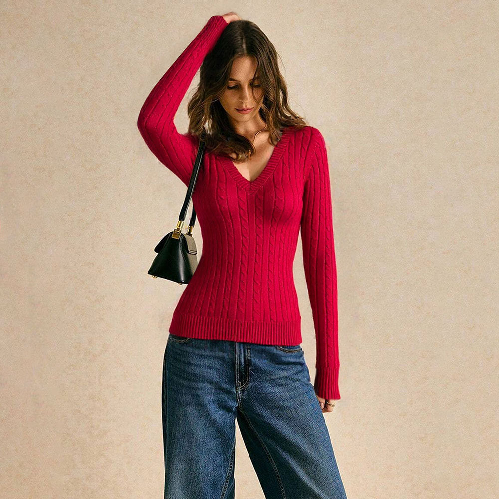 Pull en tricot pour femmes avec un décolleté en V profond et un motif de câble sophistiqué Chic & Stil