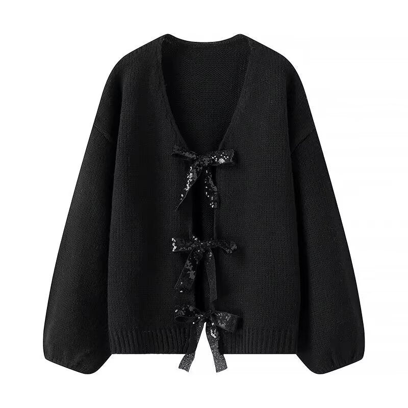 Cardigan en tricot stylé pour femme avec des nœuds glamours sur le bas