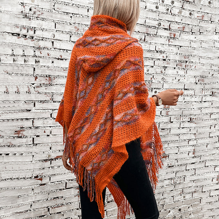 Ladies knitted poncho with hood and fringe design Lune London