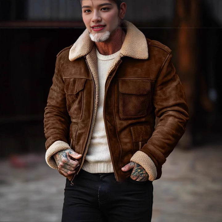 Vintage style leather jacket for men with faux fur collar and multiple pockets Lune London